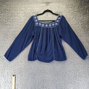 Passport Top Womens XL Blue Embroidered Bohemian Rayon Long Sleeve Blouse